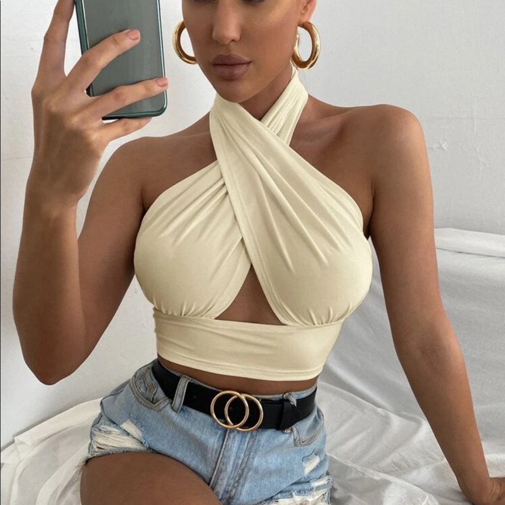 SHEIN Khaki Solid Cross Crop Halter Top